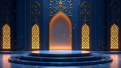 3d blue islamic stage podium with golden accents in a dark night theme for ramadan or islamic festival 3d render,