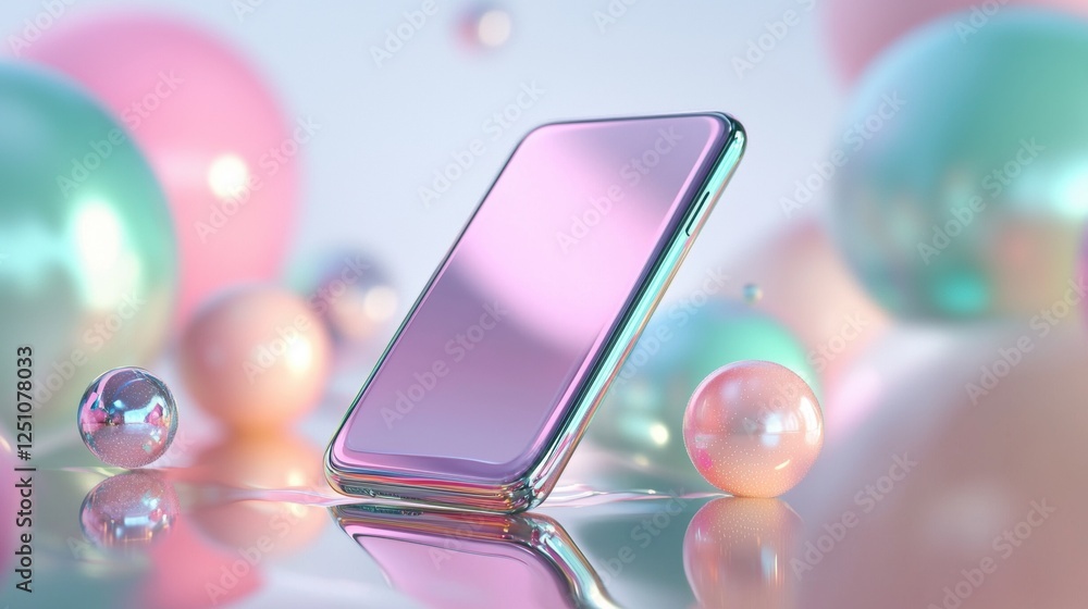 Poster smartphone with a pink screen lying on its side on a reflective surface. the phone is positioned in 