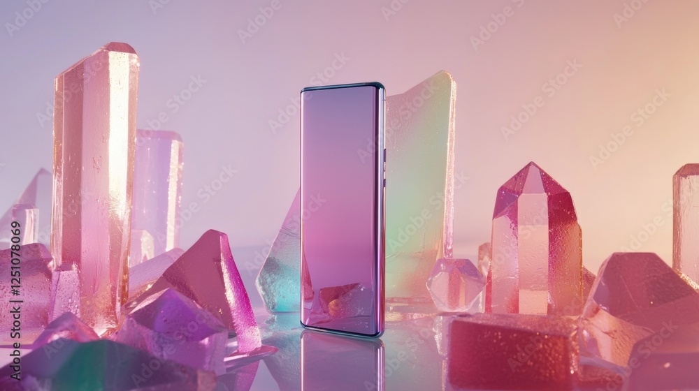 Poster smartphone in the center of a group of crystals. the phone is in the middle of the image, with its s