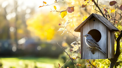 Bird perched on a birdhouse in autumn with sunlight. Suitable for wildlife and nature themed content