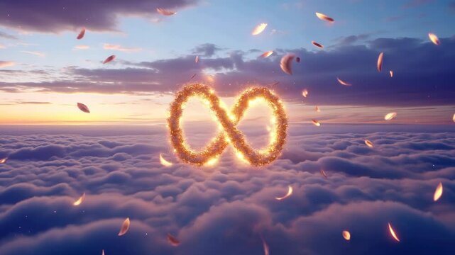 Golden Infinity Symbol with Falling Feathers Above the Clouds at Sunset: A Concept of Eternity, Endless Possibilities, and Spiritual Growth