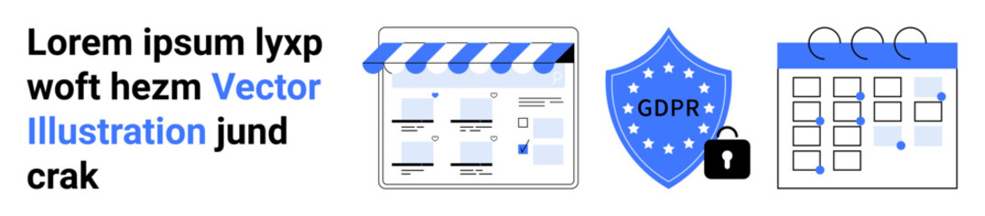 Online store front, GDPR shield with lock, and calendar icon representing data protection. Ideal for e-commerce, data security, privacy policies, compliance, scheduling, business planning digital