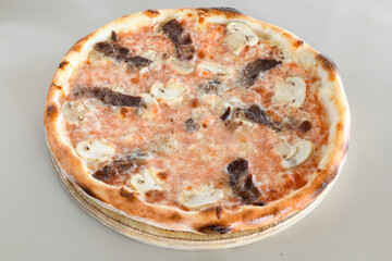 Traditional Turkish cuisine. Pizza, pita, pidesi, sucuk, hummus, kebab. Many dishes on the table. Serving dishes in restaurant. Mix, formaggi, veggie pizza. Top view, flat lay