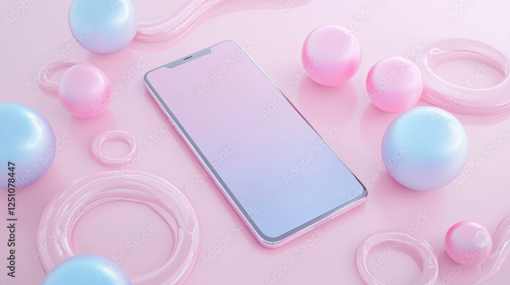 Aufkleber flat lay of a smartphone with a blank screen on a pink background. the phone is positioned in the ce