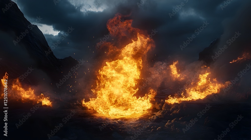 Poster a massive fiery explosion with towering flames and a brilliant searing glow illuminating the chaotic