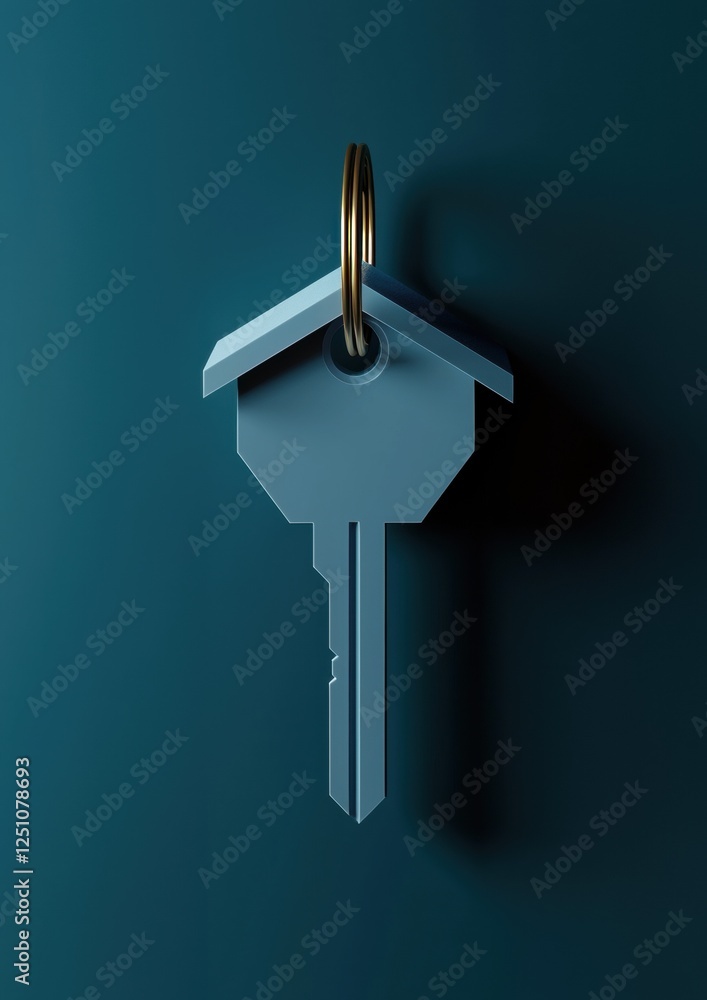 Poster 3d rendering of a key hanging from a hook. the key is in the shape of a house with a pointed roof an