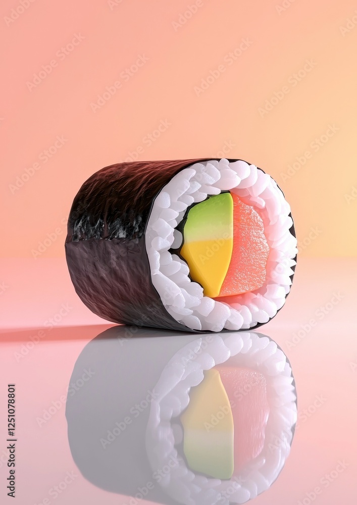 Aufkleber 3d rendering of a sushi roll on a pink background. the sushi roll is black and white in color and ap