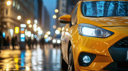 Yellow car parked on a wet city street at night, illuminated by street lights and headlights. The city background is blurred with pedestrians.