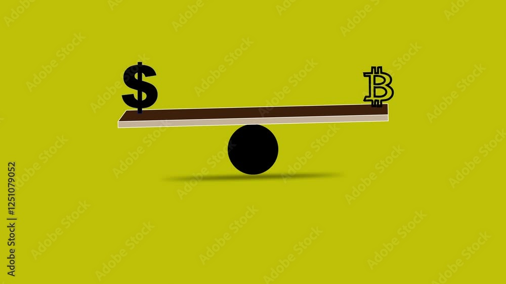 Poster bit coin dollar versus on lever, loop animation. real money and crypt symbols balancing on leverage,