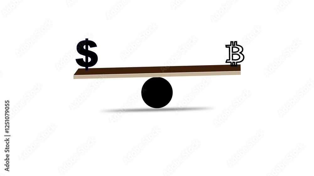 Poster bit coin dollar versus on lever, loop animation. real money and crypt symbols balancing on leverage,