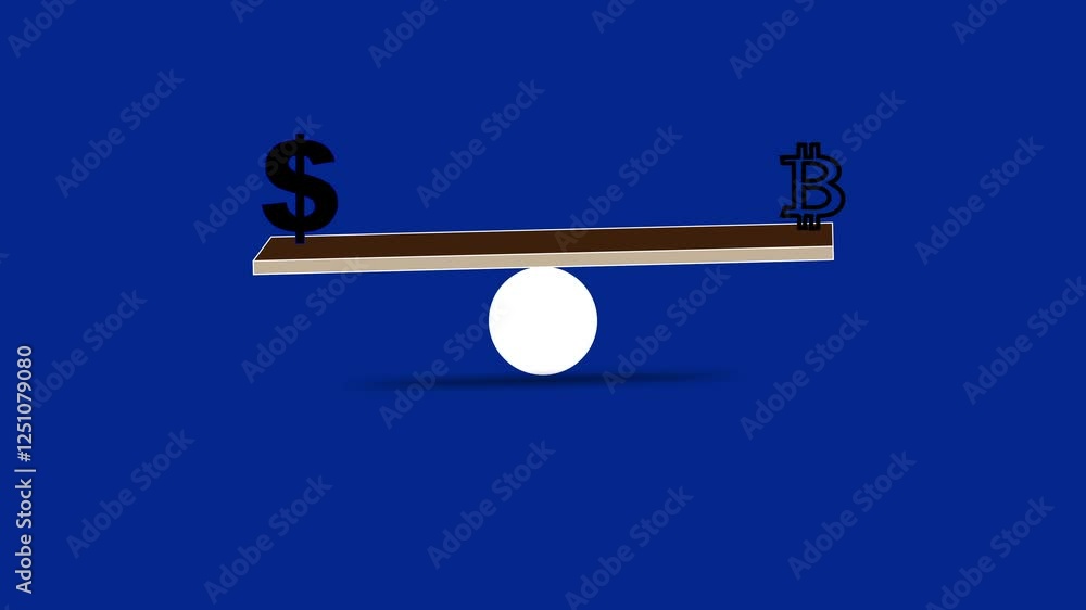 Poster bit coin dollar versus on lever, loop animation. real money and crypt symbols balancing on leverage,