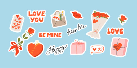 Valentine's day sticker set with cute vector flat illustrations and lettering. Roses, bouquets, gifts, envelope and other. Hand drawn romantic quotes love you, kiss me, be mine and happy