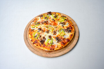 Traditional Turkish cuisine. Pizza, pita, pidesi, sucuk, hummus, kebab. Many dishes on the table. Serving dishes in restaurant. Mix, formaggi, veggie pizza. Top view, flat lay