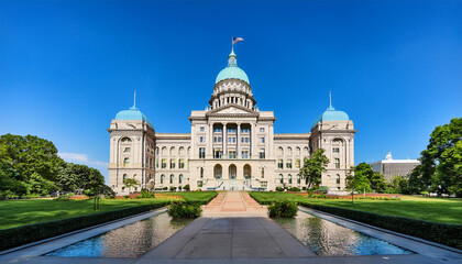 majestic view of the indiana state capitol building with clear blue sky and lush greenery perfect for tourism promotion and historical architecture showcase