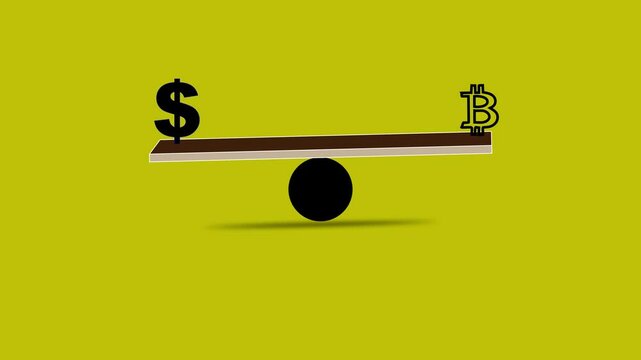 Bit coin dollar versus on lever, loop animation. Real money and crypt symbols balancing on leverage, scale. Modern Exchange, technology, block chain vs. Green screen background. Flat video footage