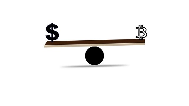 Bit coin dollar versus on lever, loop animation. Real money and crypt symbols balancing on leverage, scale. Modern Exchange, technology, block chain vs. Green screen background. Flat video footage