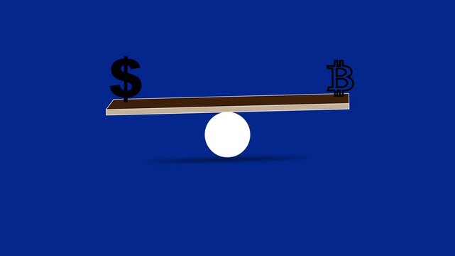 Bit coin dollar versus on lever, loop animation. Real money and crypt symbols balancing on leverage, scale. Modern Exchange, technology, block chain vs. Green screen background. Flat video footage