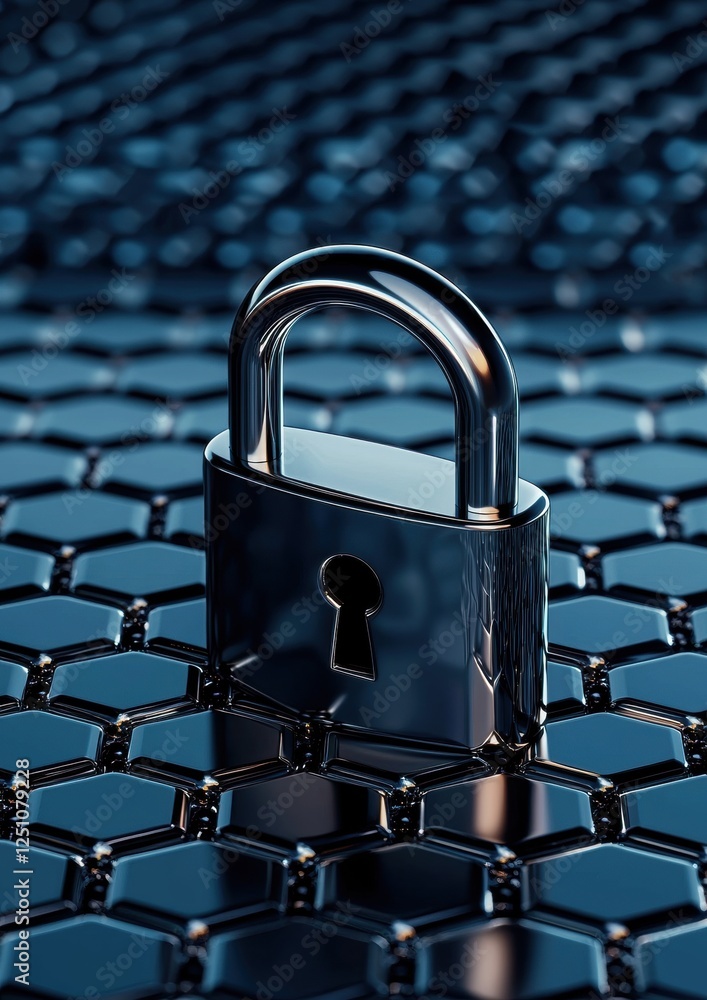 Poster close-up of a silver padlock with a keyhole in the center. the padlock is placed on a hexagonal surf