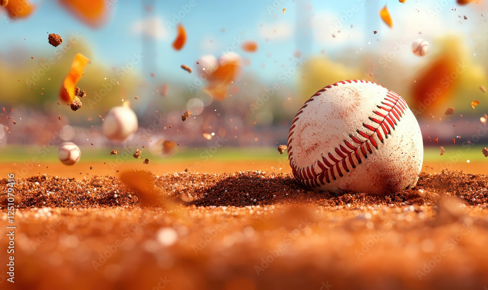 Poster diving into the thrill of baseball: a dynamic capture of a baseball in motion on the field, showcasi