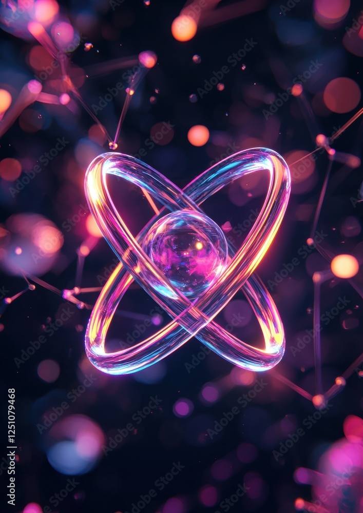 Poster abstract digital art piece that appears to be a representation of an atom. the background is black w