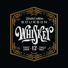 Whiskey Bourbon label logo emblem with ornate golden borders. Vector vintage illustration.