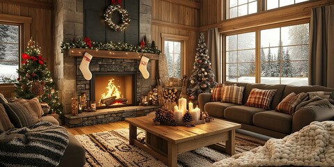 Obraz premium Cozy Christmas Cabin Living Room with Fireplace and Winter View