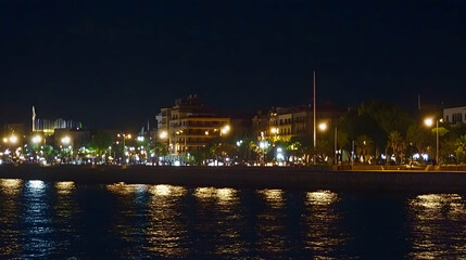 City lights shine upon the water at night; streetlights and buildings glow in Spain at an urban setting. Travel background, banner ad