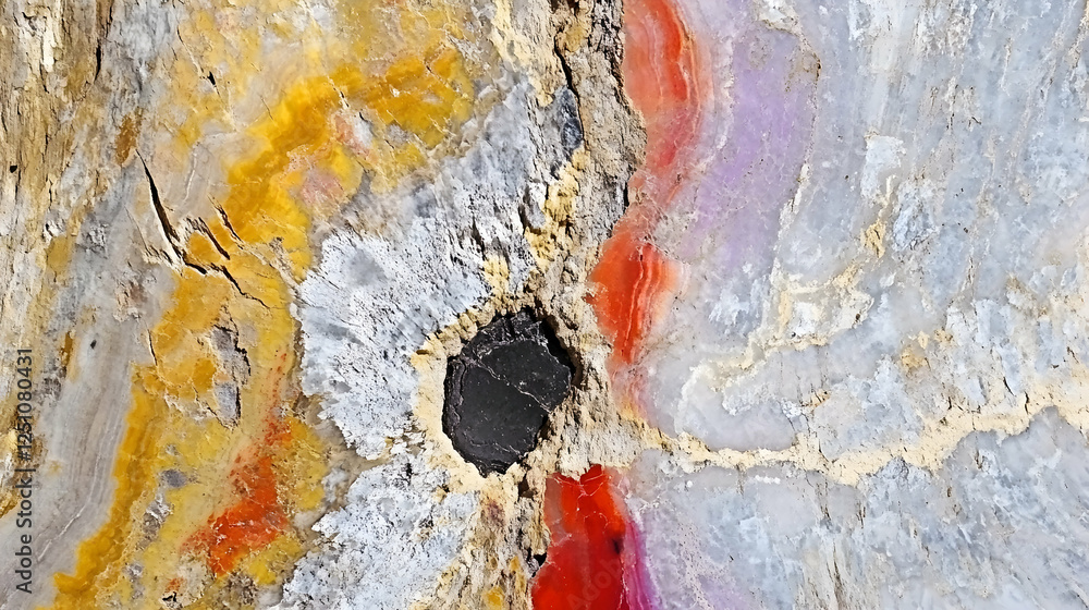 Poster close-up of multicolored agate, showing texture and color formations, ideal for geology studies or a
