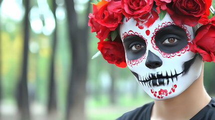 Close-up of person in sugar skull makeup and rose crown celebrating Day of the Dead in nature background, for traditions and customs use