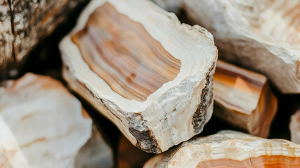 Closeup of stacked agate slices with beige and brown tones, showcasing detail, for geology enthusiasts or unique design elements
