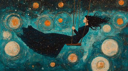 A serene woman floating on a swing in the vastness of space, surrounded by swirling galaxies and planets, with deep blues and turquoise tones accented by sparkling orange and gold.