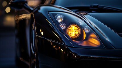 Fototapeta premium Illuminated Headlight of a Sleek Black Sports Car