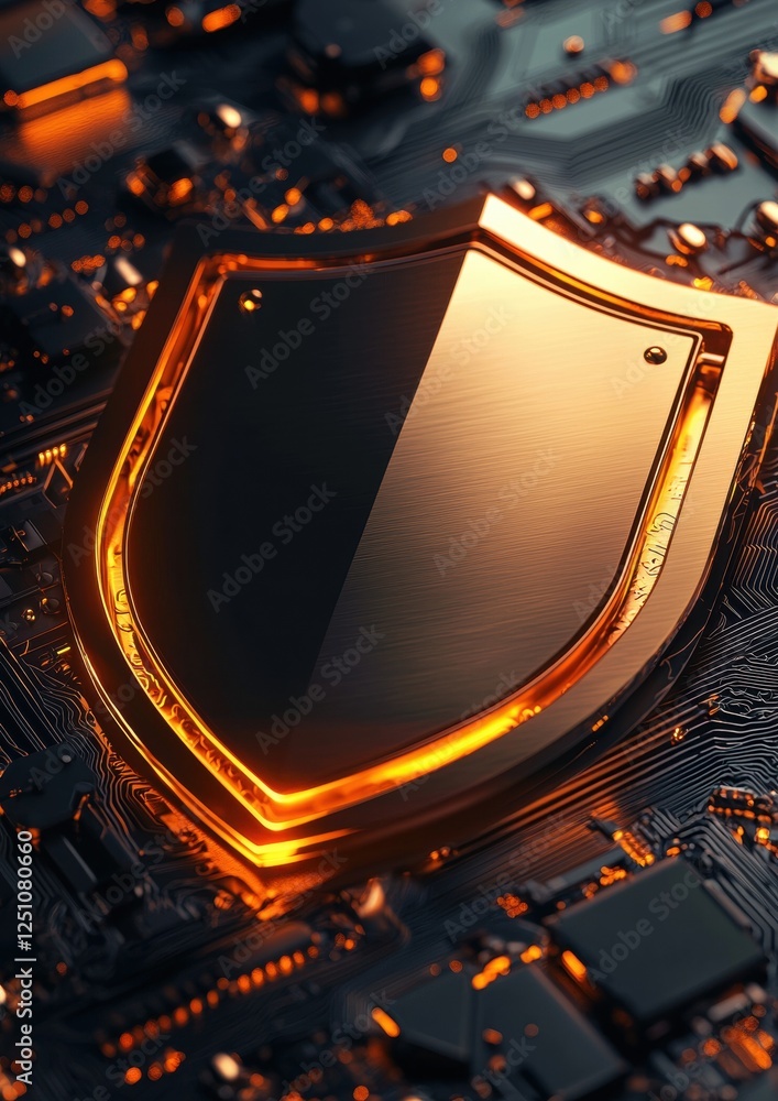 Poster close-up of a shield-shaped object on top of a circuit board. the shield is made of metal and has a 
