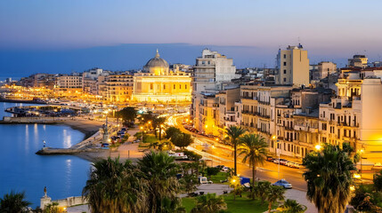 Fototapeta premium Coastal Italian city at twilight Palm trees and architectural buildings with lights on. Travel advertising, tourism industry, vacation