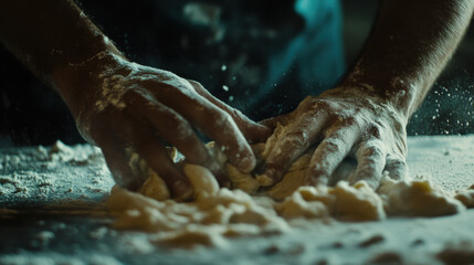 Fototapeta premium Baker's Hands Kneading Dough with Flour on Rustic Table, Close-Up Capture of Culinary Artistry and Texture in Kitchen Lighting, Baking Passion and Craft
