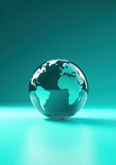 Fototapeta premium 3d rendering of a glass globe on a turquoise background. the globe is in the center of the image, with the continents and oceans clearly visible.