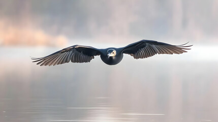 Cormorant flying over lake in misty morning. Avian wildlife scenic for nature blogs, environmental themes, or travel destination posters