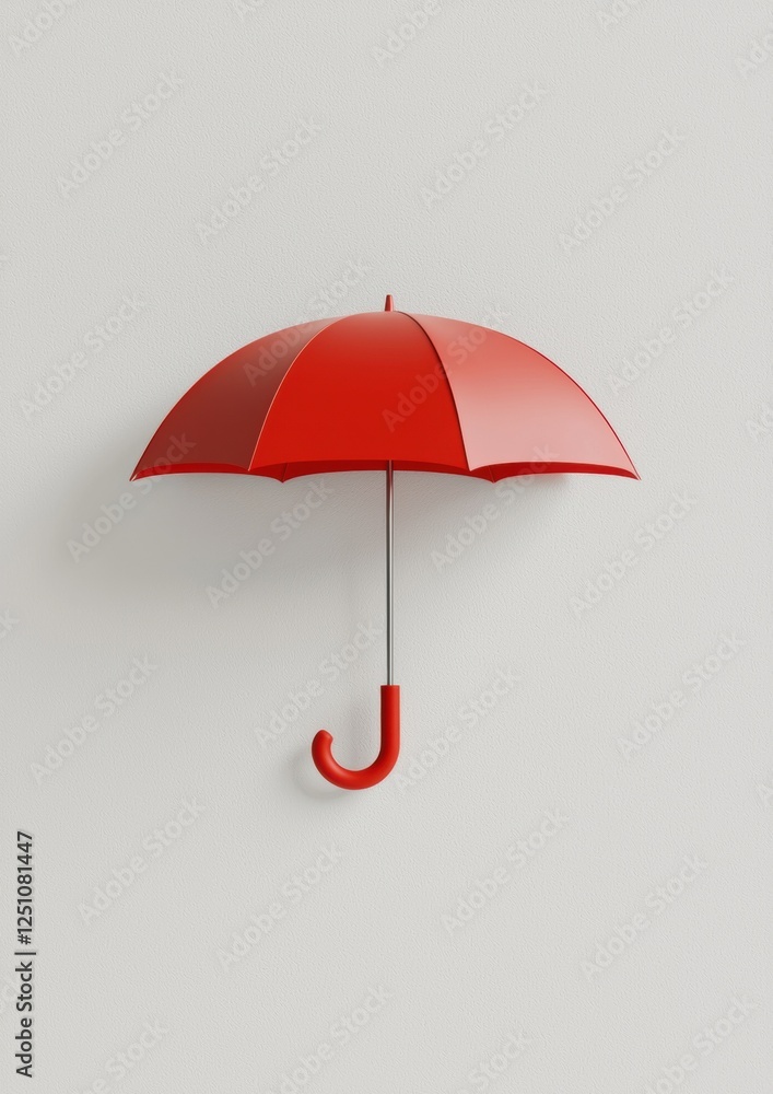 Poster 3d rendering of a red umbrella with a curved handle. the umbrella is open and appears to be floating