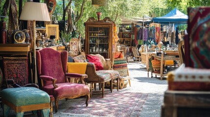 A flea market with antique furniture and colorful textiles.