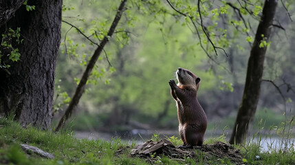Curious otter stands upright observing the sky under lush trees by a riverside. Natural scene for wildlife education or nature magazines