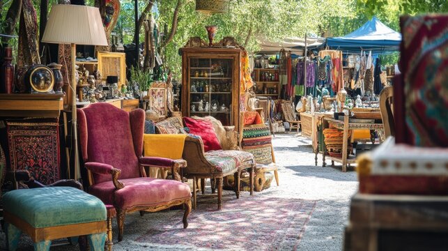 A flea market with antique furniture and colorful textiles.