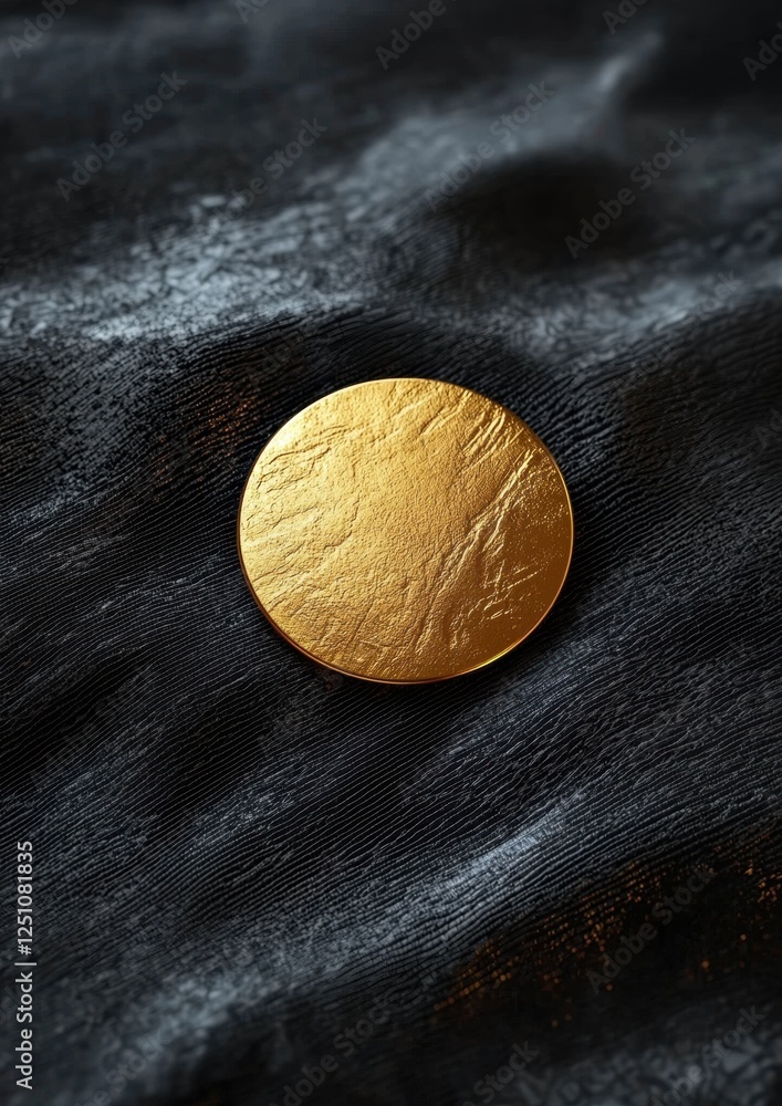Poster close-up of a round, golden-colored object on a dark, textured surface. the object appears to be mad