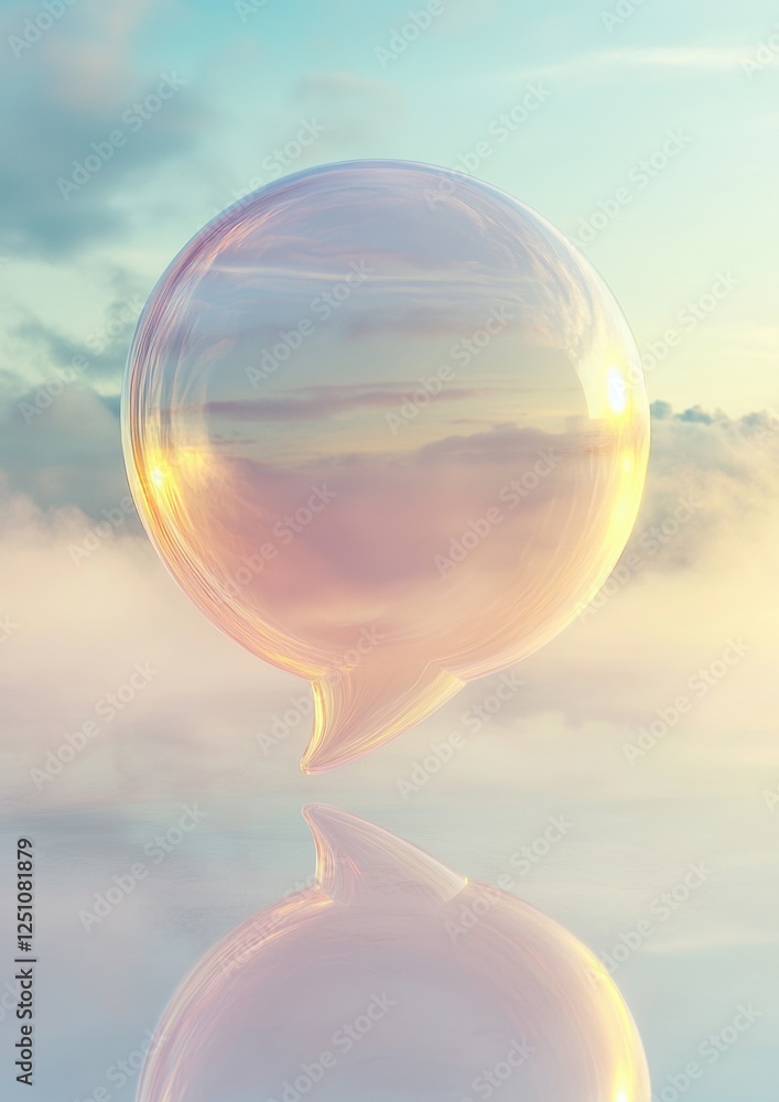 Poster Digital illustration of a speech bubble floating in the sky. the speech bubble is made up of multiple layers of transparent glass, creating a rainbow-like effect.