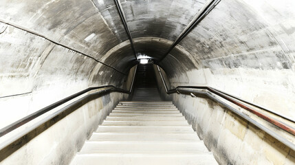 Obraz premium Descending a staircase within a dim tunnel, creating a perspective image. Suitable for architectural studies or symbolic representations