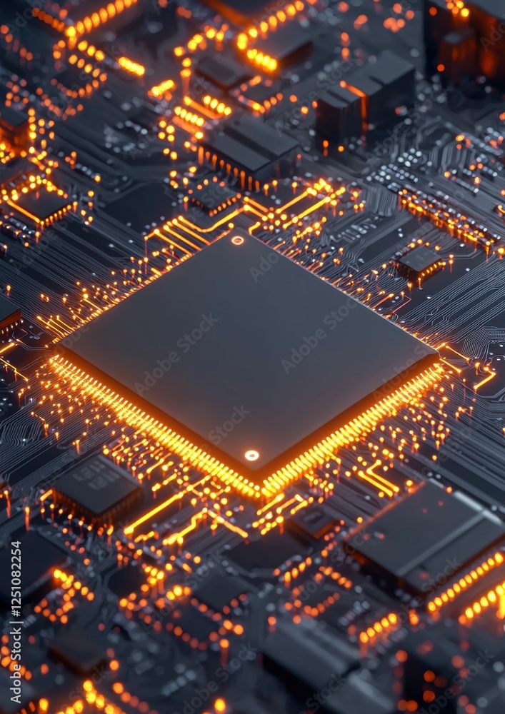 Poster close-up of a computer circuit board with a black chip in the center. the chip is surrounded by oran
