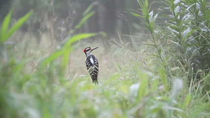 Downy woodpecker perched in tall grasses, hunting insects. Foggy background for nature stock, park life, avian photography