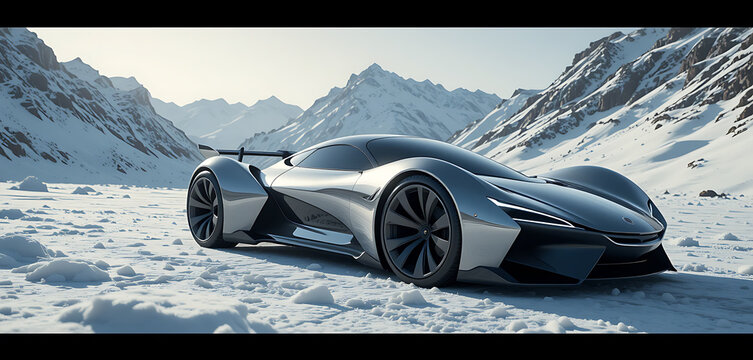 Futuristic Silver Concept Car on Snowy Terrain Against a Backdrop of Majestic Mountains During Daylight