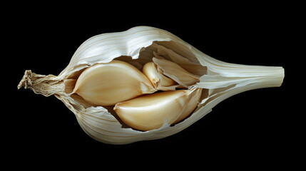 Naklejka premium Close-Up of a Fresh Garlic Bulb with Multiple Cloves Exposed Against a Black Background, Highlighting the Natural Texture and Color of Garlic Skin and Cloves
