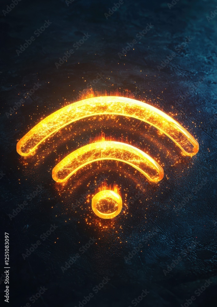 Poster digital illustration of a glowing orange wifi symbol on a dark blue background. the symbol is in the