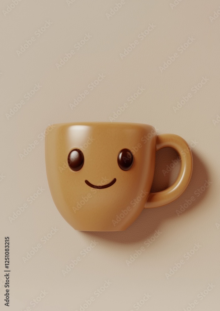 Aufkleber 3d rendering of a coffee mug with a smiley face on it. the mug is light brown in color and has a han